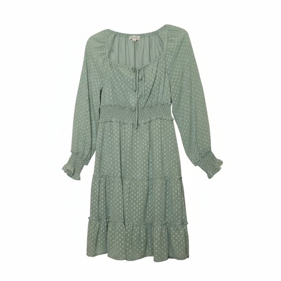 Indigo Rose Sage Green Polka Dot Midi Dress Size M Cottagecore Boho Smocked - Picture 2 of 9